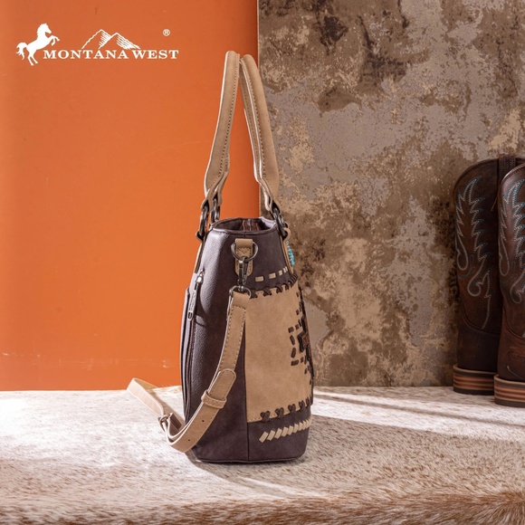 Montana West Western Tooled Aztec Concealed Carry Tote/Crossbody Coffee - Picture 3 of 6